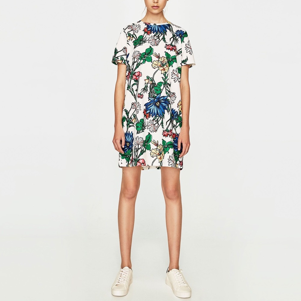 Zara White tshirt tunic mini midi Dress Blue Green yellow red Floral print M